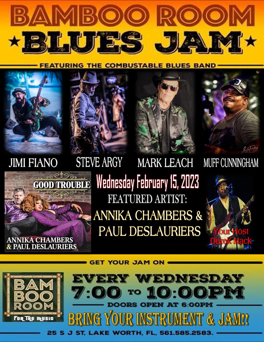 You don’t wanna miss this Wednesday at the Bamboo Room Blues Jam! Featuring the Amazing Annika Chambers & Paul DesLauriers #blues #bambooroomlakeworth #bestbluesjampalmbeachcounty #guitarist #Bluesmusicians #derekmackband #southfloridabluessociety