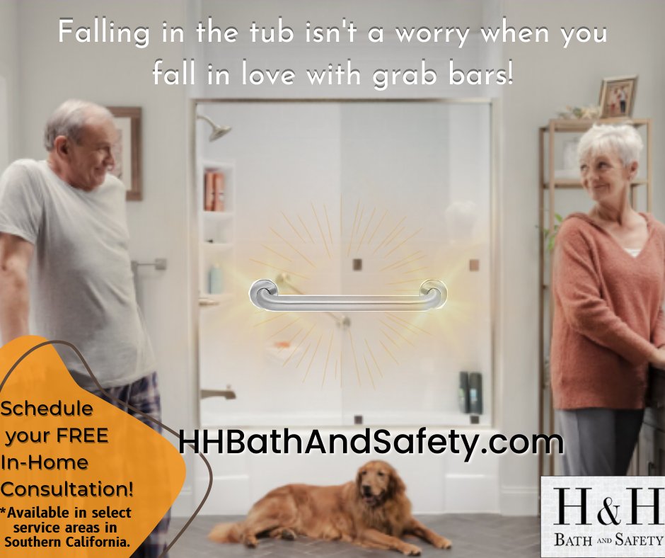 Fall in love all over again today, don't worry about falling in the tub.H&H has you covered when it comes to bathroom safety. Your satisfaction is guaranteed! Shop online or if you're located in SoCal, book your free In-Home Consultation! #senior #bathroomdesign #safety #GrabBar