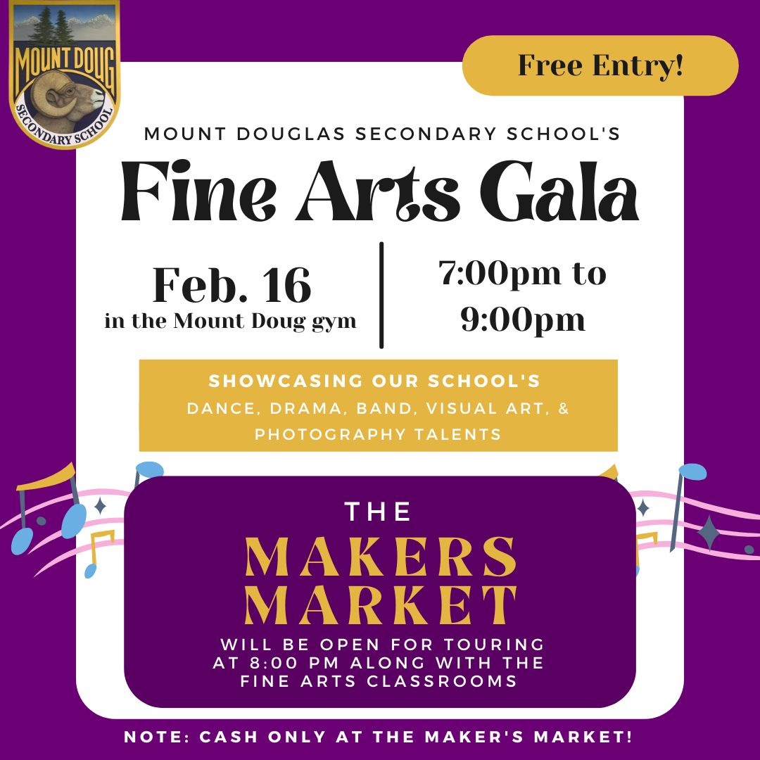 Mount Doug Secondary (@sd61mtdoug) on Twitter photo You are invited to our Fine Arts Gala and Makers Market happening this week.
Details here: You are invited to our Fine Arts Gala and Makers Market happening this week.
Details here: