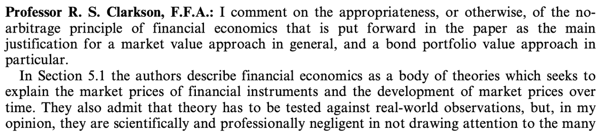 Dennis_Leech's tweet image. When the Actuarial profession discussed using valuation based on financial economics some powerful evidence was adduced against the idea. Here are some comments...