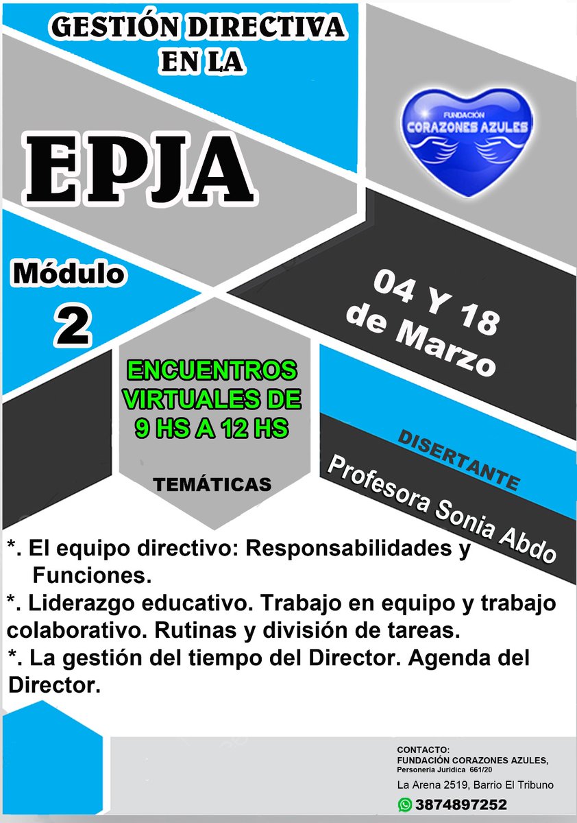 No podes dejar de participar de esta 2da Instancia de Capacitación *EPJA* "Preparación para CONCURSO DE CARGOS DE DIRECTOR ".
📚 Modalidad Virtual por Google Meet. 
📚 Las clases quedan grabadas. 
📚 Material de lectura en plataforma 24/7. 
💡No te quedes afuera!!

📅Inicia Marzo