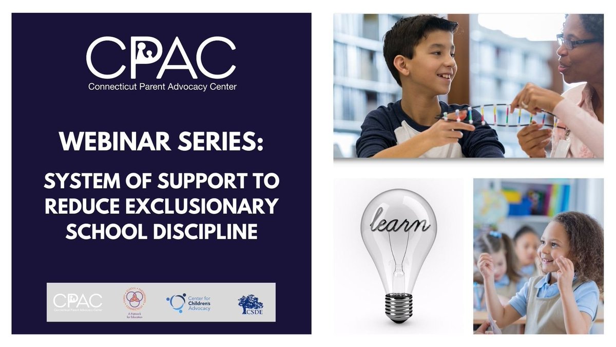 CPACInc's tweet image. Webinar Series : System of Support to Reduce Exclusionary School Discipline (Session 1 of 3)
Video Link: youtu.be/Y221C9TRztA
CPAC's YouTube Channel Link: youtube.com/@CTParentCenter
#ExclusionaryDiscipline #SchoolDiscipline #Webinar #ParentCenter