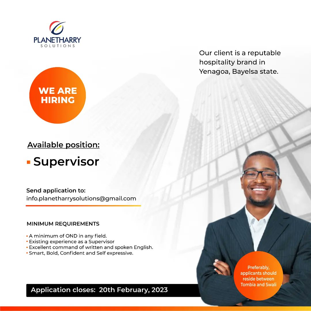 planetharryict's tweet photo. We are hiring for a reputable hospitality brand along Azikoro road in Yenagoa, Bayelsa state.

Qualified and interested persons should apply as instructed.

#Planetharry #recruitment https://t.co/u5KpazTvuU