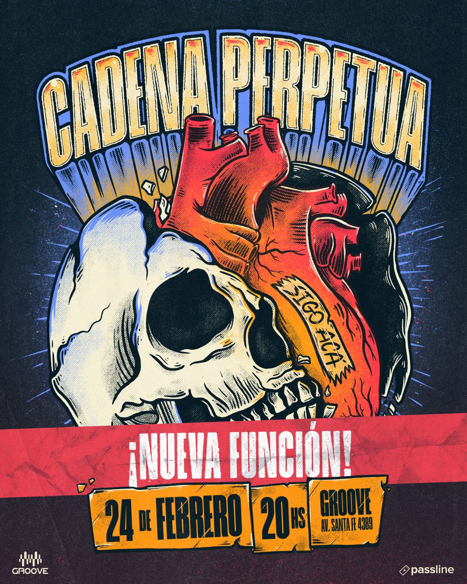 NUEVA FUNCIÓN!!!

Viernes 24 de Febrero - 20 Hs. 
Groove, Av. Santa Fe 4399, Palermo

Anticipadas disponibles en:
Passline passline.com/eventos/cadena…

@lacuevatattoo (Lanús) 
@xennonquilmes (Quilmes) 
@locuras_rock (Morón) 
@almacen_maladifusion (CABA) 

#CadenaEnGroove