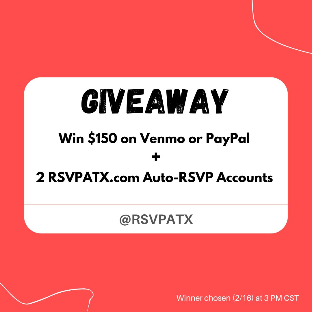 RSVPATX's tweet image. 🚨 NEW CONTEST ALERT 🚨

1️⃣ Retweet this
2️⃣ Follow @RSVPATX

To be entered for a chance to win:

✅ $150 on Venmo/PayPal

AND

✅ TWO RSVPATX.com Auto-RSVP Accounts

(Skip the hours RSVPing, we do all of the work for you)

👉 rsvpatx.com/rsvp-list

#SXSW2023 #SXSW