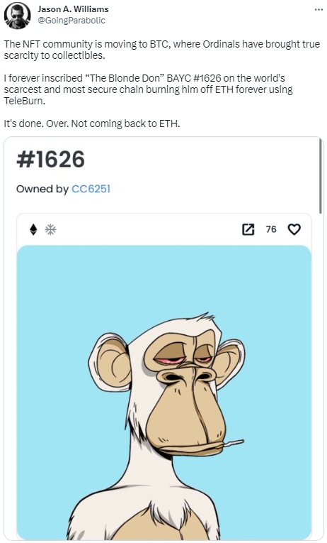 RIP BAYC#1626
.
NFT คือ Token ที่ยืนยันสิทธิ์ในโปรเจ็คนั้นๆ ว่าโปรเจ็คสัญญาจะให้อะไรเรา แต่พี่ท่านดันไปเบิร์นทิ้ง (ซึ่งก็ไม่รู้ว่าเบิร์นจริงเปล่า) ตามแนวคิดของตัวเองว่า จะย้ายลิงจาก ETH ไปอยู่เชน BTC 
.
ผลก็คือ เสียสิทธิ์ทุกอย่างของ Bayc ไป ได้รูปลิง PNG ง่อยๆบน BTC มาแทน