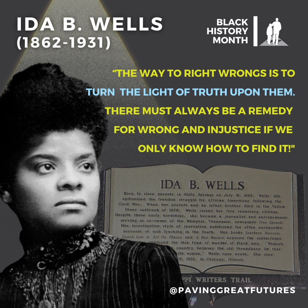 Black History Month Spotlight | Ida B. Wells (1862-1931): journalist, abolitionist and feminist who led an anti-lynching crusade in the United States in the 1890s. She went on to found and become integral in groups striving for justice.