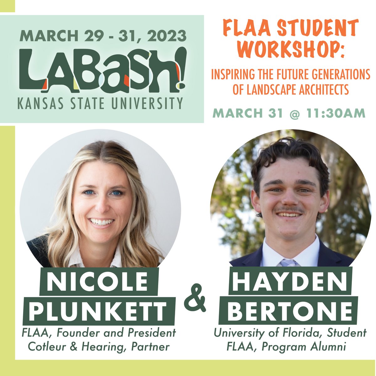 UFdcp's tweet image. Landscape Architecture Students!

Join @UFAlumni Nicole Plunkett of @CHLandscapeCo  and current UF LA student Hayden Bertone March 31 at 11:30 a.m. as they present a FLAA Student Workshop at #LABash 2023!