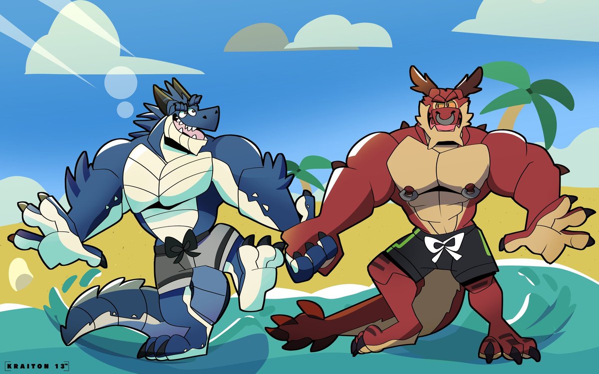 Hanging out at the beach.

Red one: @Nimratu
Art by: @Kraiton13