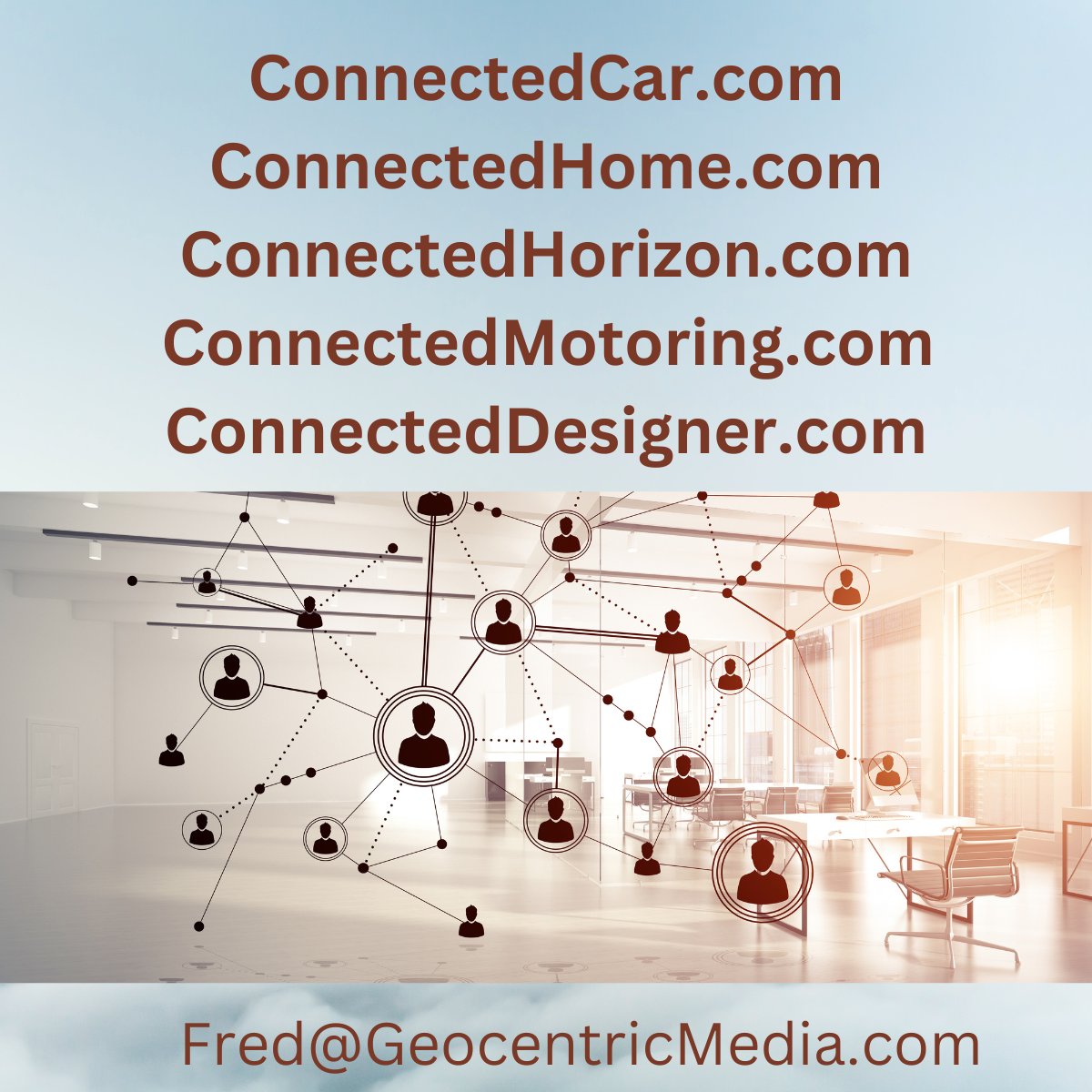 ConnectedCar.com and more.  We have the 'Connected' marketplace covered!  Offers to Fred@GeocentricMedia.com.  #connected #connectedcar #connectedhome #iot #thesmarthome #domains