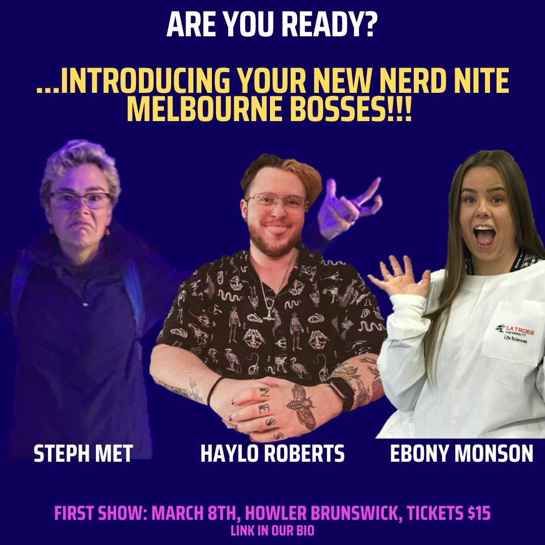 We are so excited to bring Nerd Nite Melbourne back with a BANG! ✨

Are you ready?? The first show of 2023 is on March 8th- tickets are available via the link in our bio 😍

Hope to see you there!!