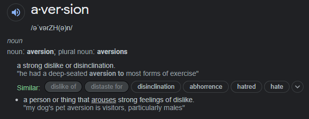 Testedzxcvb's tweet photo. @gcworth @Jade_Jam17 @DuckyVSTerfs @Captain_HitGuy @Jediknightleia1 @zachsilberberg The definition clearly states "fear OR aversion." If you took five seconds to click on the definition for aversion, you'd know it literally means a strong dislike. Phobia can mean fear OR dislike. Transphobia is defined as a DISLIKE of trans people. https://t.co/qsrPLcTDa8