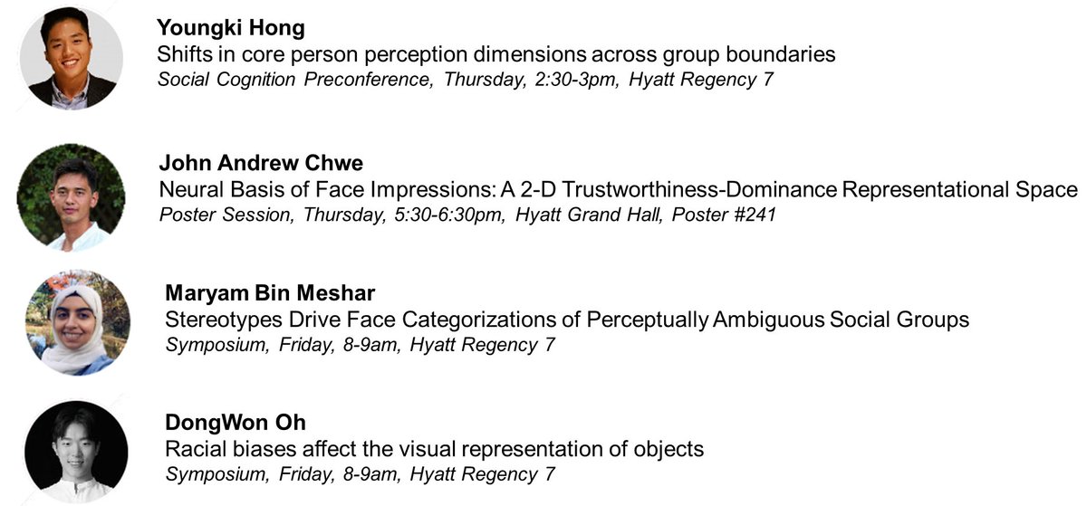 If you're going to #SPSP2023, check out presentations by <a href="/freemanlab/">Freeman Lab @ Columbia</a> folks, including @youngkidhong, <a href="/jahchwe/">John Andrew Chwe</a>, <a href="/MBMeshar/">Maryam Bin Meshar | مريم بن مسحار</a>, and <a href="/dongwon_oh/">DongWon OH | 오동원 | 吳東源</a>! Details below. <a href="/SPSPnews/">Society for Personality and Social Psychology</a>