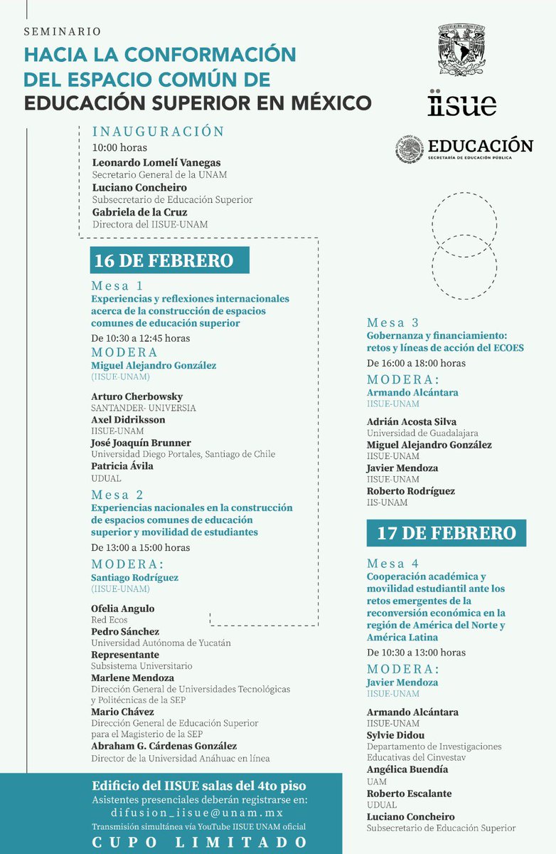 💻 El IISUE UNAM invita al seminario “Hacia la conformación del espacio común de educación superior en México”. Este tendrá lugar los días 16 y 17 de febrero en el edificio del instituto, cuarto piso, es necesario registrarse previamente en difusion_iisue@unam.mx.