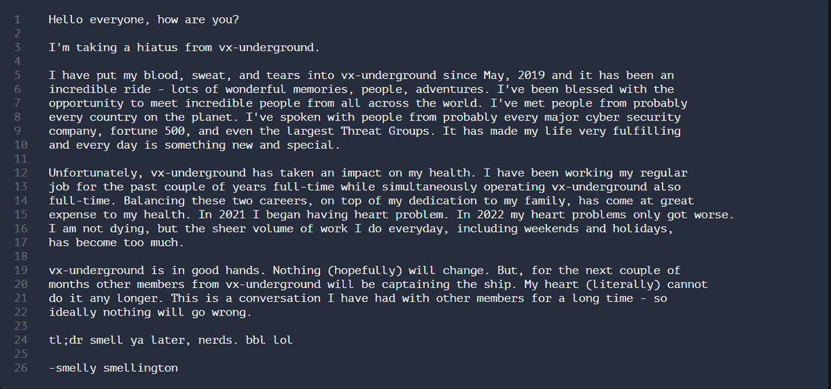 vxunderground's tweet image. Hi,

tl;dr Doctor told me to stop or I&apos;ll drop dead at 40 from a heart attack