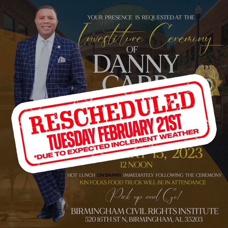 Hey gang due to the threat of inclement weather on Wednesday we will be RESCHEDULING the date to FEBRUARY 21,2023 at 12Noon! 
Lunch will still be on me! See you guys and ladies next Tuesday. Stay safe and be blessed.