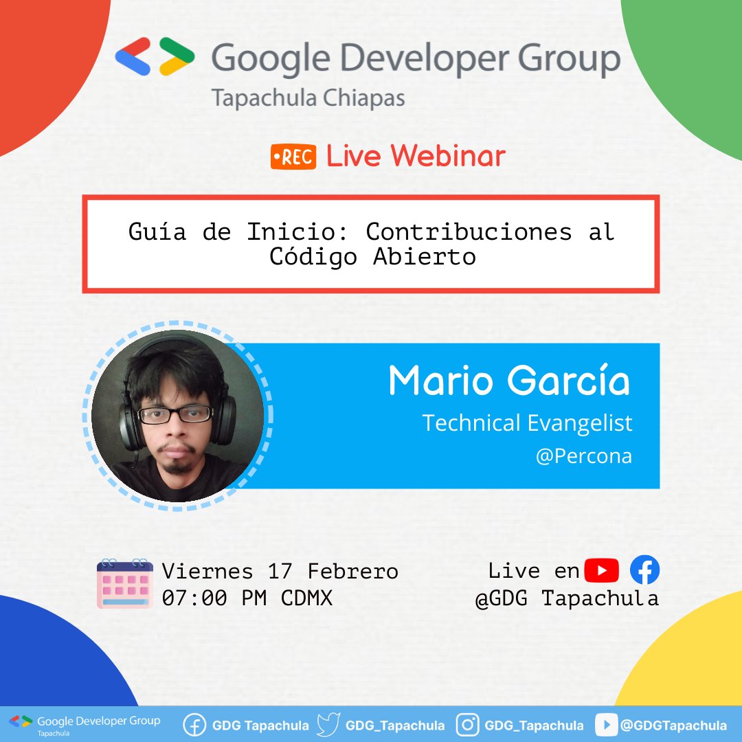 gdg_tapachula's tweet image. Hola comunidad 👋
Nos vemos este viernes 17 febrero en la charla que nos trae nuestro Co-Organizador @mariogmd  
live en YouTube y Facebook 
07:00 PM 🇲🇽
09:00 PM 🇧🇴
08:00 PM 🇵🇪
08:00 PM 🇺🇲
#googledevelopergroup #googledevs #community #percona #devops #opensource