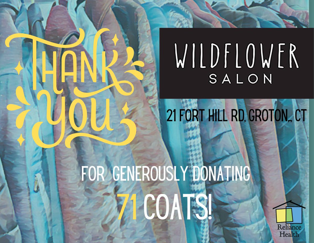 A colorful THANK YOU to Wildflower Salon in Groton, CT for donating 71 Coats to our members! This is a huge gift of warmth and is greatly appreciated! 
#communitylove 
#checkthemout