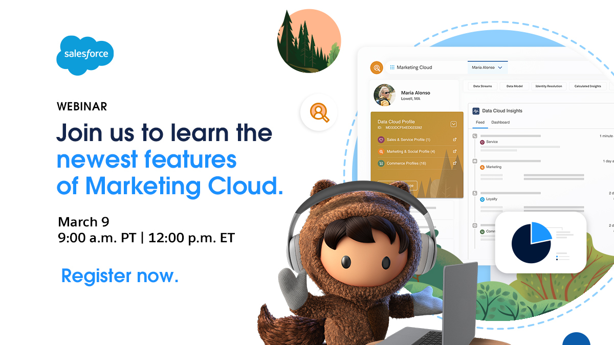 MarketingCloud's tweet image. Mark your calendars, #MomentMarketers! 

Get an exclusive look at the new features coming to Marketing Cloud! 

Join us on March 9th for a comprehensive overview of the newest innovations in our New Feature Overview Webinar: sforce.co/3JuS9HZ 🚀
#SalesforceRelease