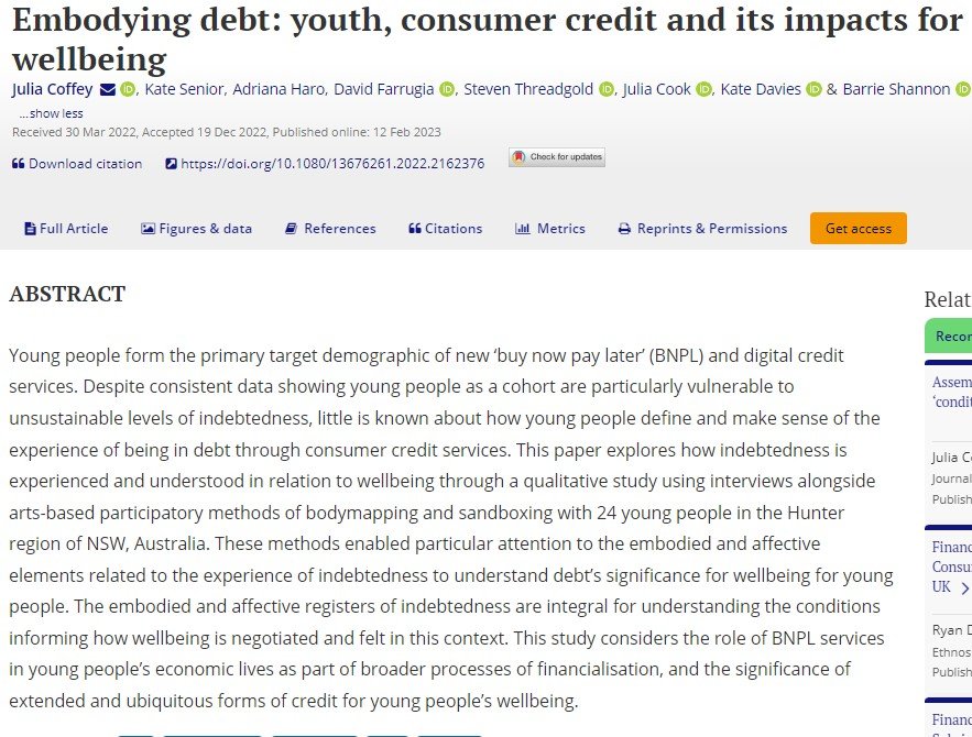 NEW ARTICLE ALERT! Julia Coffey, Kate Senior, Adriana Haro, David Farrugia, Steven Threadgold, Julia Cook, Kate Davies & Barrie Shannon: Embodying debt: youth, consumer credit and its impacts for wellbeing tandfonline.com/doi/abs/10.108…