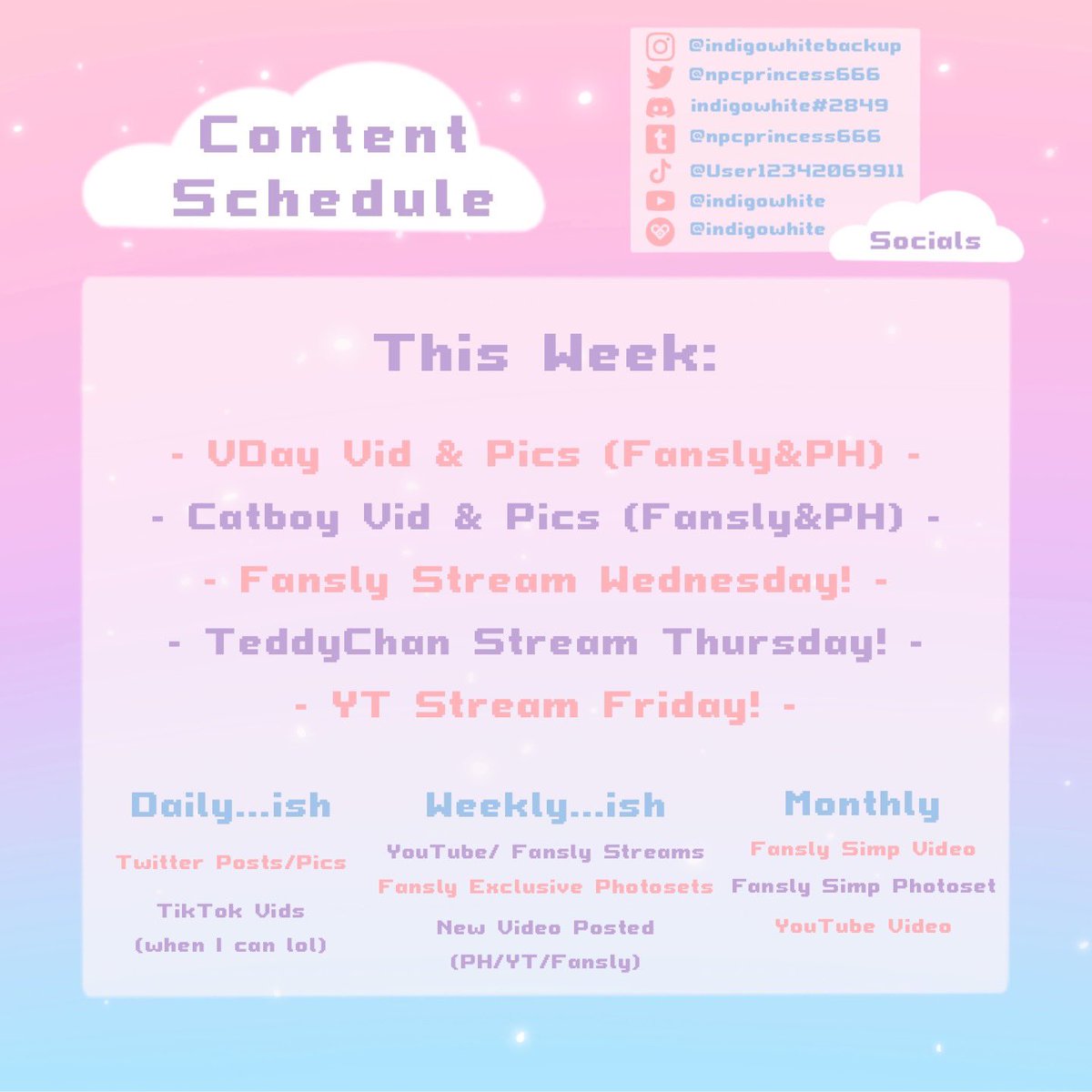 npcprincess666's tweet photo. ☁️ Content Schedule This Week 💕
Website: https://t.co/vR0CN2kH0X
Tiktok: https://t.co/Jihiz8BVeU
Insta: https://t.co/li65sSYJ9q
Pornhub: https://t.co/KrRdVz9PR6
YouTube: https://t.co/k9Ialc6hnK
Fansly: https://t.co/Bb5ky7YHnb
Tumblr: https://t.co/5SbL2k7LcZ https://t.co/BDODzrJAoX