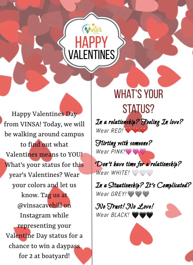 Hello my loves 💕🥰, we’re back at it again with day two; What’s your status? Join us as we walk around campus. What colour would you be repping? Be sure to tag us <a href="/vinsacavehill/">IG: VINSACavehill</a> for a chance to be one of our 3 winners. Prizes to be won! 🤔🧐🤯💕💕