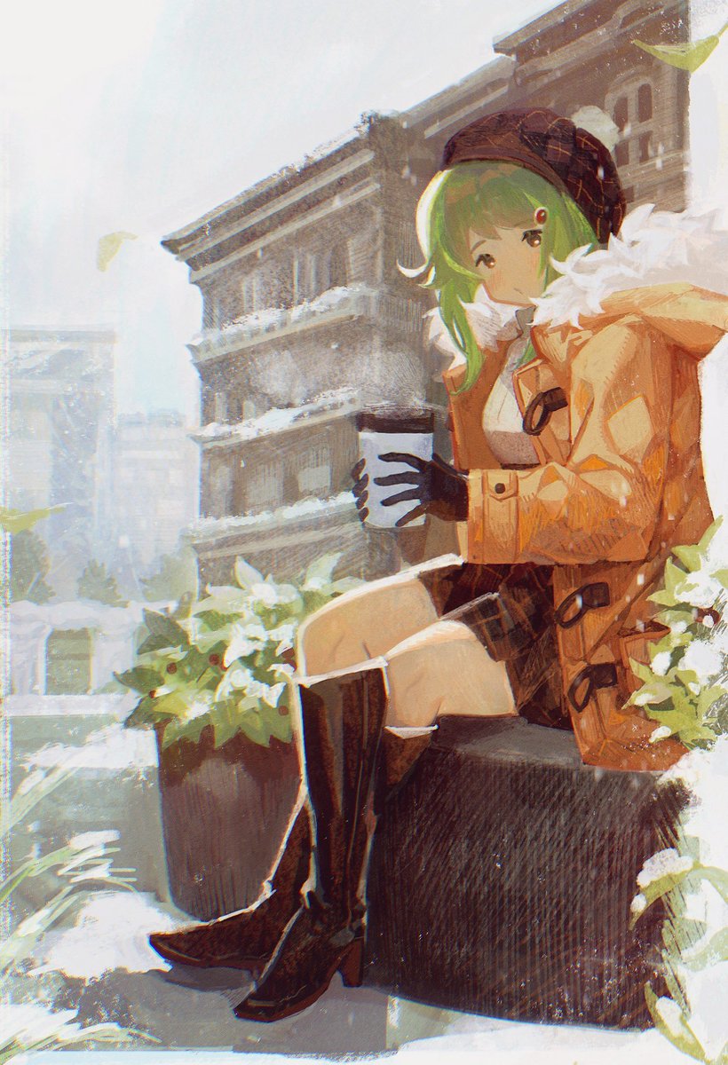 1girl holding cup boots solo green hair cup skirt  illustration images