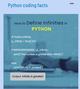 2iMind's tweet photo. #Python coding facts:
How to define Infinities in #PYTHON
Learn more at https://t.co/UlcuFg64j7
Call +91 960 656 1789 or Email us @ training@mind2i.com
#mind2i #programming #python #datascience #machinelearning #deeplearninging #computerscience #computervision #neuralnetwork https://t.co/1KUlnfHplU