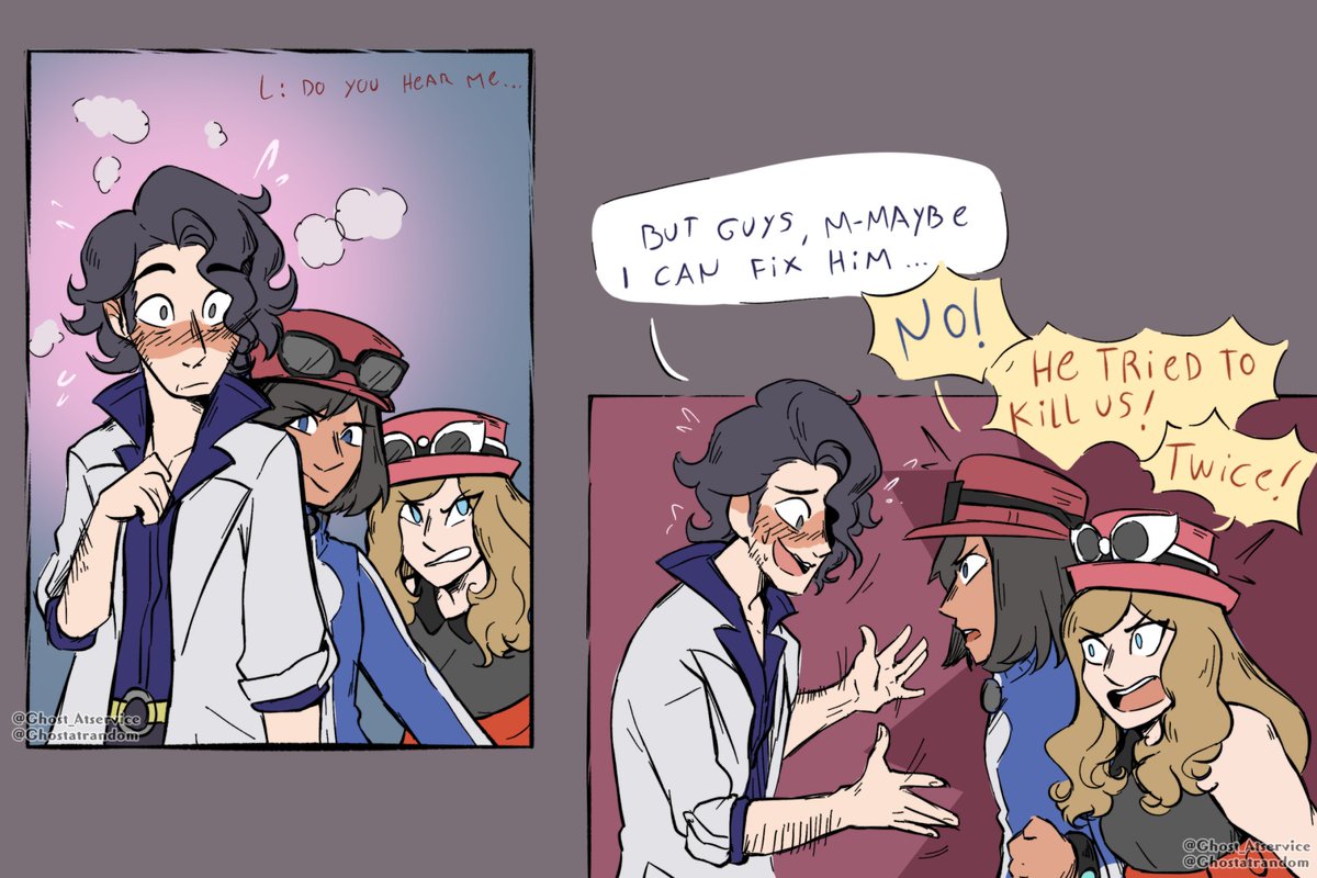 ghostatrandom's tweet photo. Yeah I'll count these repost as a Valentine's post (Lysandre and Sycamore are SO divorced omg-) #perfectworldshipping #PokemonMasters https://t.co/lRnsH3RAlS