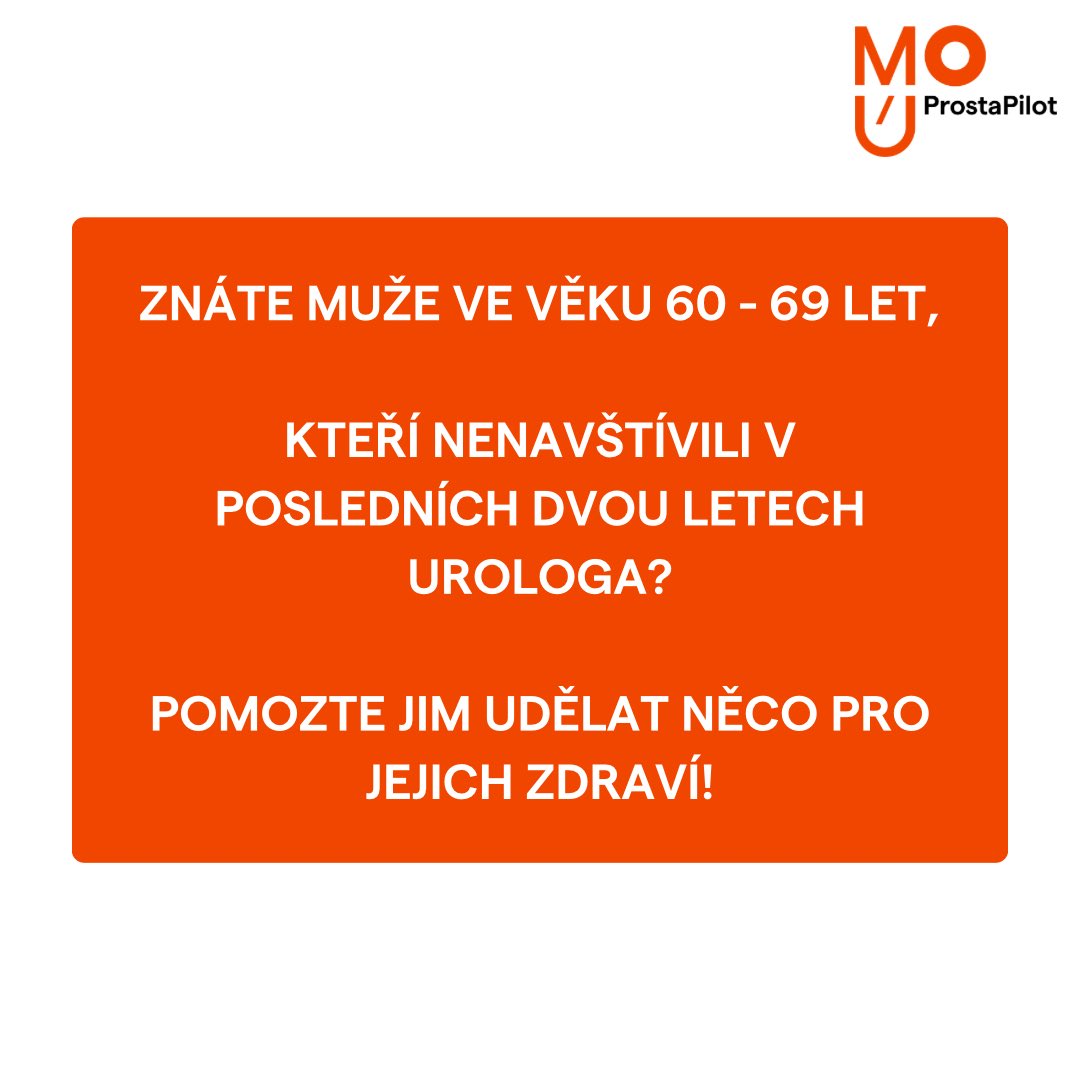 MOU_Brno's tweet photo. Hledáme pacienty do programu ProstaPilot! Znáte muže ve věku 60 - 69 let, kteří nenavštívili v posledních dvou letech urologa? Cílem projektu je pomocí porovnávání výsledků z krve s výsledky magnetické resonance poskytnout mužům preventivní program.
Kontakt: + 420 773 757 045 https://t.co/xY5wPcIu4w