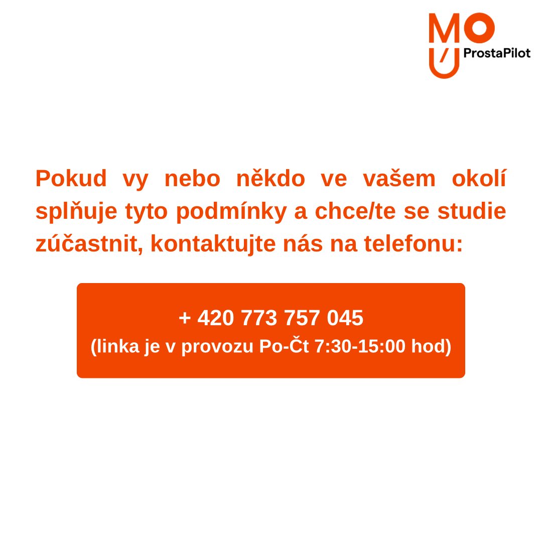 MOU_Brno's tweet photo. Hledáme pacienty do programu ProstaPilot! Znáte muže ve věku 60 - 69 let, kteří nenavštívili v posledních dvou letech urologa? Cílem projektu je pomocí porovnávání výsledků z krve s výsledky magnetické resonance poskytnout mužům preventivní program.
Kontakt: + 420 773 757 045 https://t.co/xY5wPcIu4w