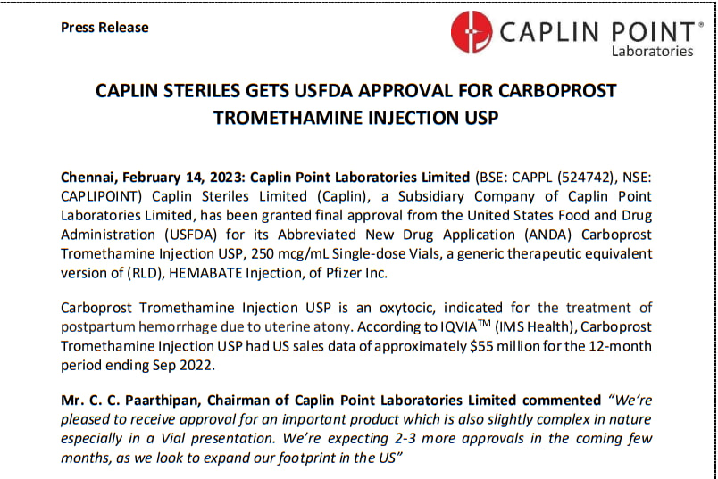 CAPLIN STERILES GETS USFDA APPROVAL FOR CARBOPROST TROMETHAMINE INJECTION USP

#CAPLINSTERILES #USFDA #APPROVAL #CARBOPROST #TROMETHAMINE #INJECTION #USP