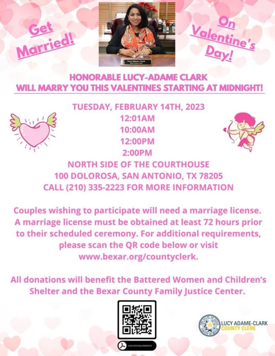 I, as your Bexar County Clerk, will be available and carrying on a long standing tradition to marry couples at the Bexar County Courthouse for Valentine's Day! Please have your licenses acquired prior to the ceremony and may our newly wedded be blessed! Read the graphic for info!