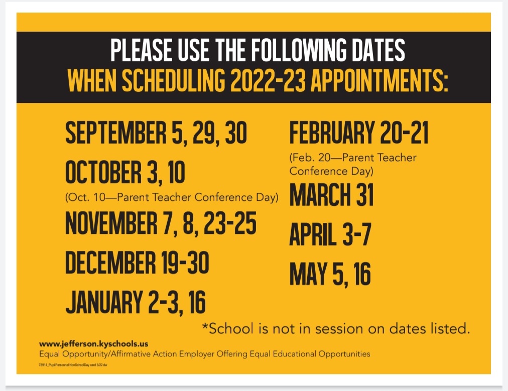 JCPS_Attendance's tweet photo. We just have three and half months of school left. Parent Teacher conferences are a great time to remind parents of the best days to schedule doctors' appointments or short trips. https://t.co/zcypNKdRo4