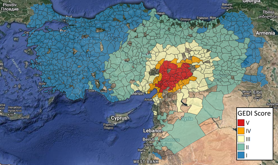 ImageCatInc's tweet photo. Devastating earthquakes impacting Turkey and Syria will have dire long term economic impacts. @ImageCatInc's GEDI score of V indicates Catastrophic damage with major disruption in economic activity and years of recovery. GEDI is funded through the @NASA Disasters Program. https://t.co/VFeU6JhjdI