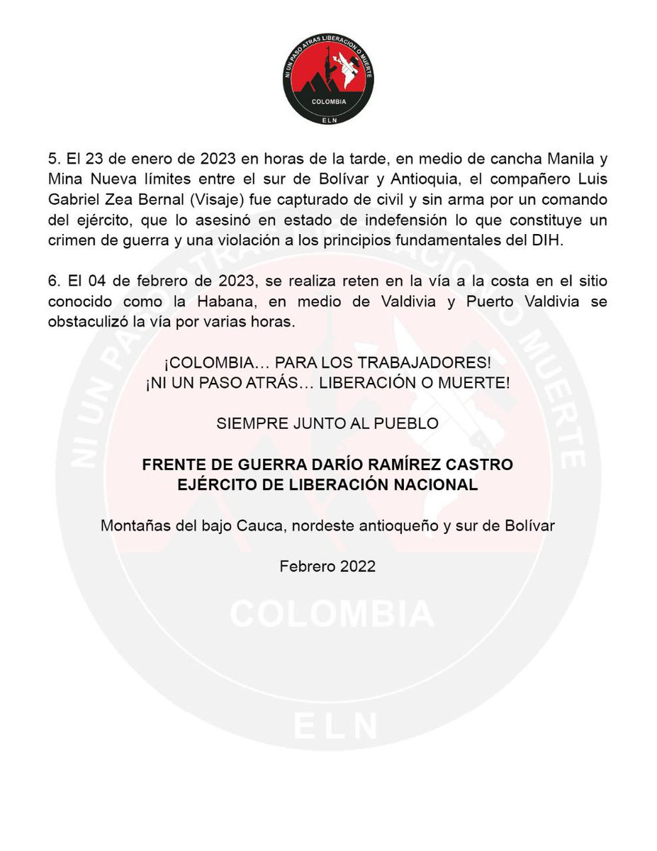 🚨 #Atención 🚨

COMBATES EN ANTIOQUIA Y SUR DE BOLÍVAR 

El Frente de Guerra Darío Ramíez Castro del Ejército de Liberación Nacional denuncia que en confabulación fuerzas estatales y paraestatales. 

#Atención #Comunicado #Antioquia #SurdeBolívar #ELN #FGDRC #Denuncia #15F