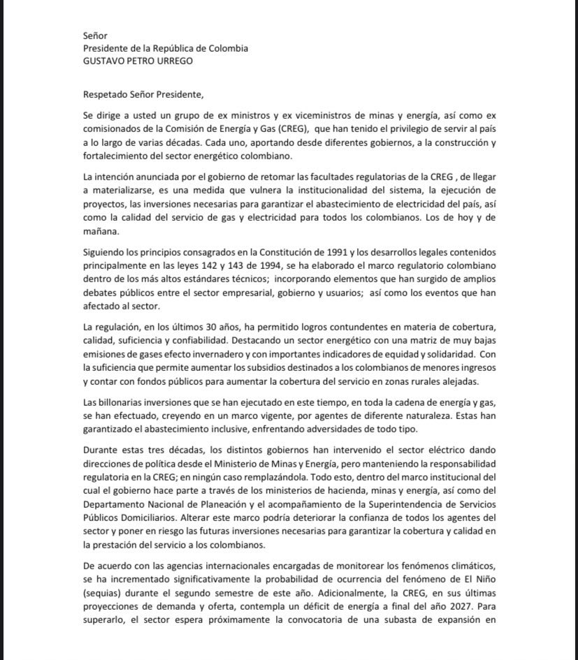 risierra88's tweet photo. Valiente y clara comunicación. Colombia se construye en una carrera de relevos que no termina, aquí los líderes que han llevado la posta del sector eléctrico piden mesura y alertan potenciales efectos nocivos si cambiamos de carril. https://t.co/A5k3o0yzcR