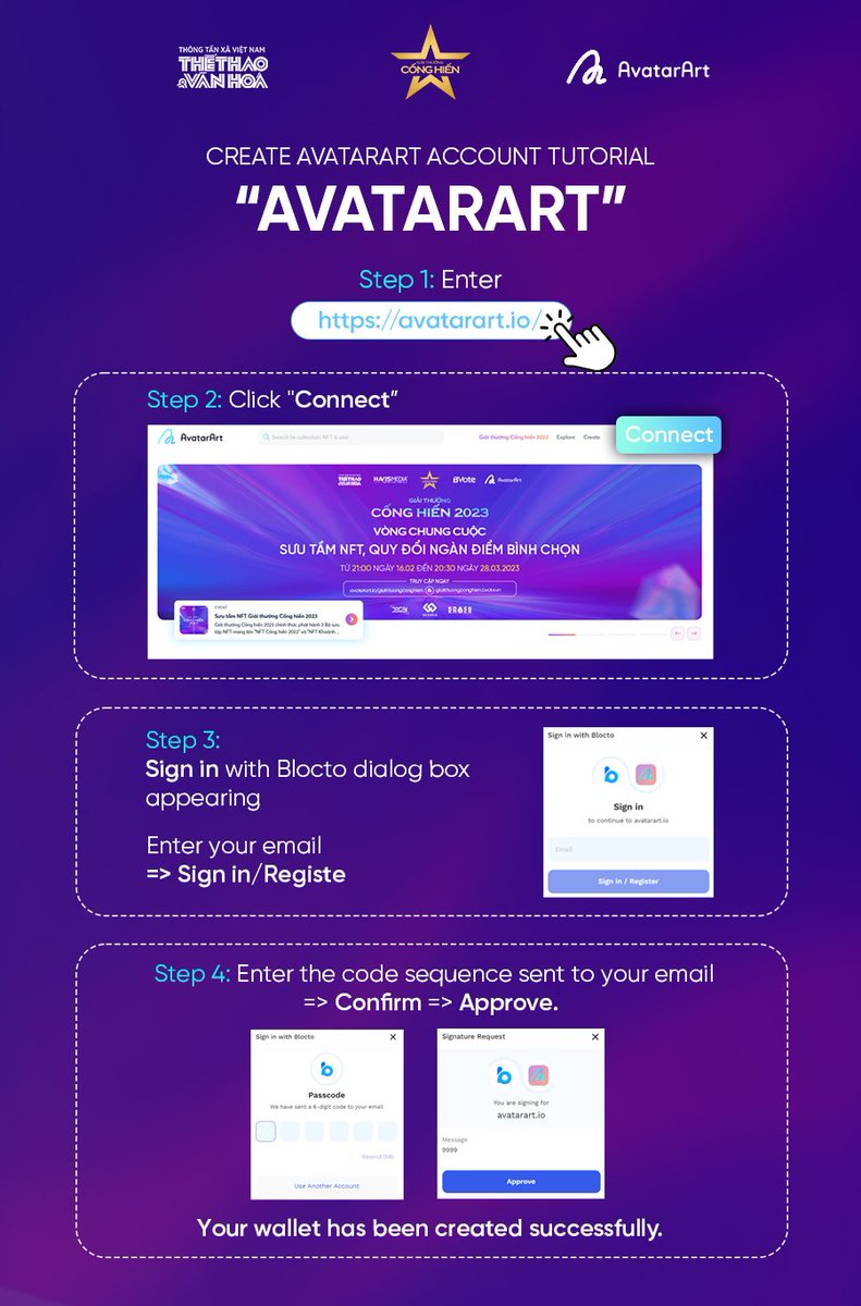 💫 The very first process is to sign up for an #AvatarArt account in order to own the #NFT #CốngHiếnAwards2023, which is slated to open on February 16, 2023.

⚠️ You may join AvatarArt with just an email account by following these 4 simple guidelines ⚠️

#NFTs #NFTCollection