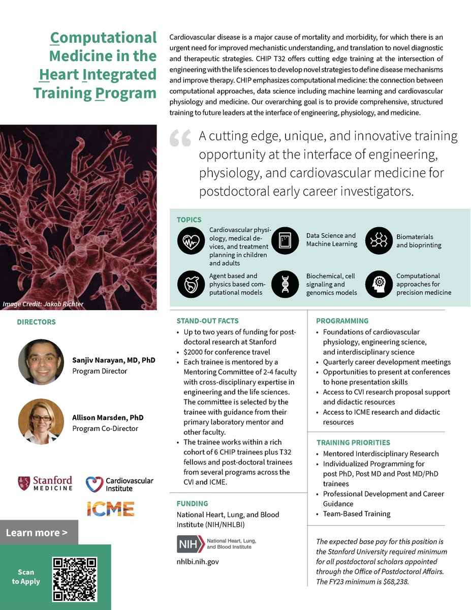 Applications are now open for our new Computational
Medicine in the Heart Integrated Training Program "CHIP" T32 training grant!  Interested engineering, CS, and clinical postdoc candidates please apply! RT please!  <a href="/asme_bed/">ASME BED</a> <a href="/StanfordCVI/">Stanford CVI</a> @ICMEStanford  med.stanford.edu/cvi/education/…