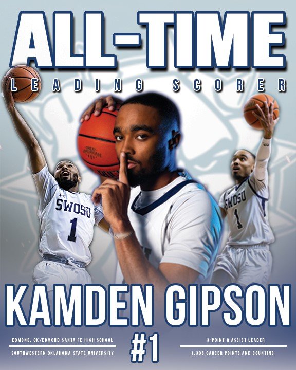 Kamden Gipson just became SWOSU's new Division II era leading scorer with his latest bucket in the first half against Northwestern! 

Crown him. King Kam. 👑🏀