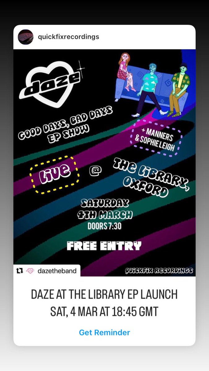 Free launch party! Be there or be 🔲

@dazetheband @_quickfix_ 🎶🔥

#oxfordmusic #freegig #freeparty #eplaunch #indiemusic #oxford #oxfordbands #localmusic #music #alternatemusic #newbands #NewMusic2023 #dreampop #Concert #freeconcert #cowleyrd #indielabel #newartist #newmusic