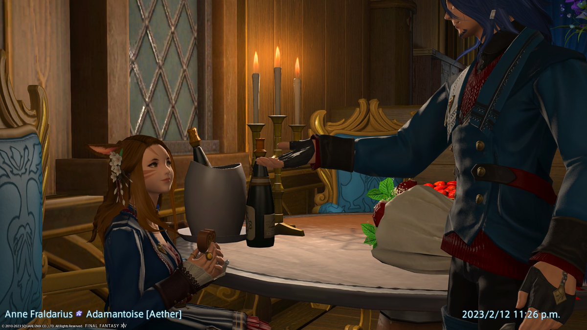 TeiRaven's tweet photo. @FF_XIV_EN Character Name: Anne Fraldarius
World: Adamantoise
Prize: Bluebird Earring
#FFXIV #FFXIVSweepstakes

Anne will never miss an opportunity for a night in with her husband. https://t.co/TgPY19QCe9