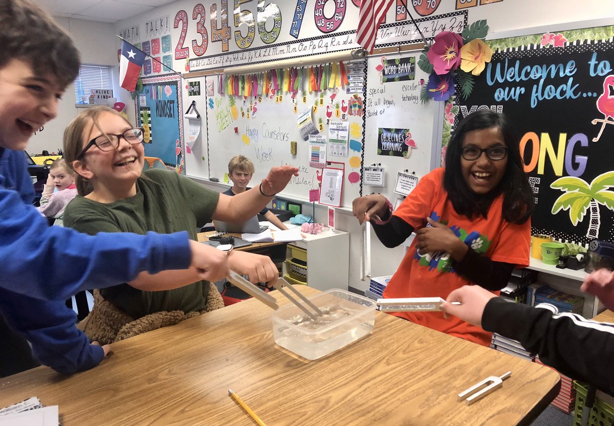 Exploring sound energy…the joy on their faces as they demonstrate sound waves using tuning forks and water is contagious. 💙🐻💙 #bearshine