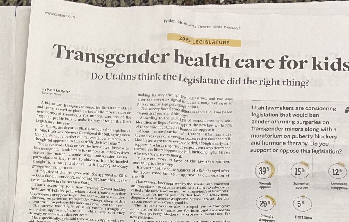 Flying out of Utah I read that the Great Salt Lake is drying up because of growth and climate change and industrial/ag use. So what’s one of the first bills passed by the legislature this session? A ban on transgender surgery and hormones for minors. The lake they’re gonna study.