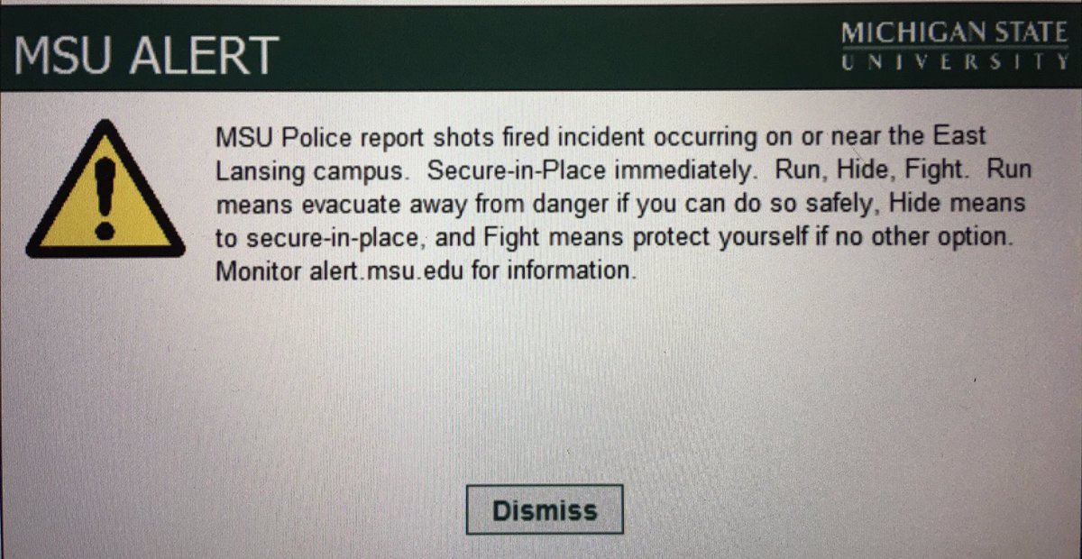 New: There is currently an active shooter at Michigan State University, with reports of multiple victims and shots fired near the East Lansing campus. This is an alert from the University. As a college student, this is my biggest nightmare. I hope everyone stays safe at MSU.