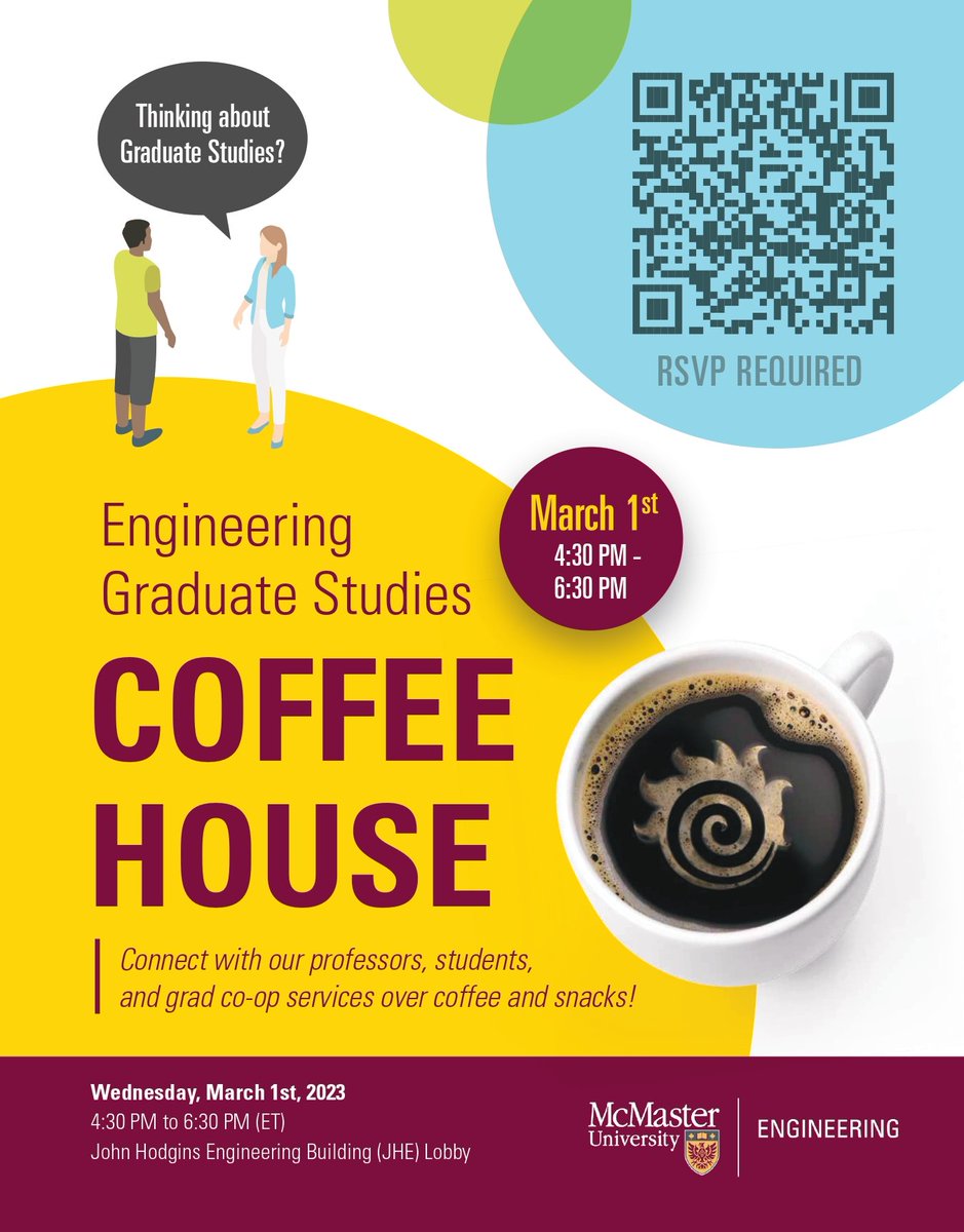 MSE_McMaster's tweet image. THINKING ABOUT GRADUATE STUDIES?

Come meet and connect with our professors, grad students and grad co-op services over coffee!

Date and Time: Wednesday, March 1st, 2023, 4.30-6.30 pm
Location: JHE Lobby

We can't wait to meet you! :)
#msemcmaster #mcmasterengineering  #gradlife