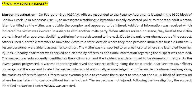 PWCPolice's tweet photo. *FOR IMMEDIATE RELEASE: #PWCPD detectives have charged a 24-year-old man in connection to the stabbing death of a family member during a domestic-realted incident that took place at an apartment located in the 9800 block of Shallow Creek Lp in #Manassas. More info; https://t.co/whOYAvzZZz