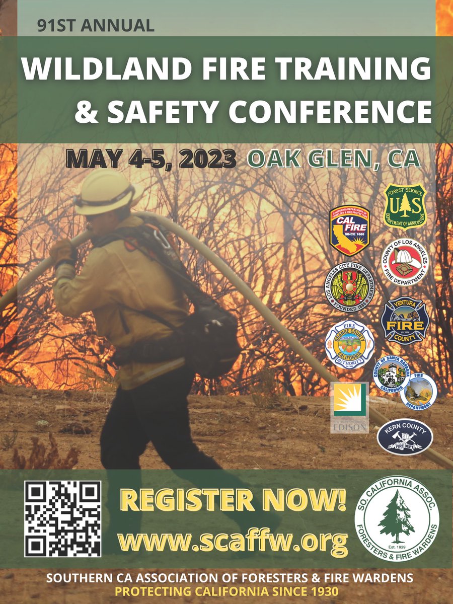 It’s almost that time of year - the 91st Annual Wildland Fire Training & Safety Conference is happening May 4-5 in Oak Glen, CA 🔥👨‍🚒🌲 Head to our website SCAFFW.org and sign up today!! #forester #firewarden #wildfire #wildlandfirefighter #firefighter #hotshot