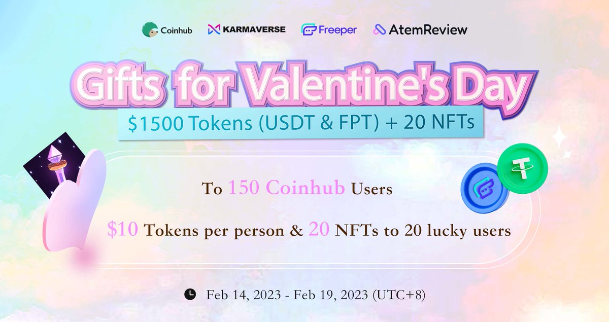 Coinhub_Wallet's tweet photo. 🎊Gifts for #ValentinesDay 
Coinhub &amp; @Karmaverse_io @web3_freeper @atem_network joint #Airdrops 

🎁$1500 Tokens (#USDT &amp; $FPT) + 20 #NFT 
💰Total value: $2000
To 150 #Coinhub Users😎

✅Follow + RT + Like
✅Complete @Quest3_xyz tasks: https://t.co/O9BpVVJ7eG

#Giveaway #Quest3 https://t.co/28r9g8fQaQ