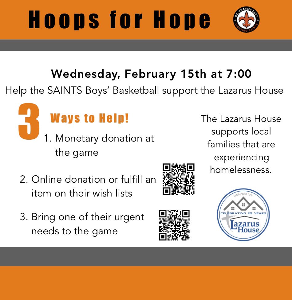 Come and join the Varsity Boys' Basketball Team at their game on Wednesday, February 15 at 7pm and help support the Lazarus House in St. Charles!
Urgent needs > lazarushouse.net/urgent-needs/
Online donation > lazarushouse.net/donate-2/